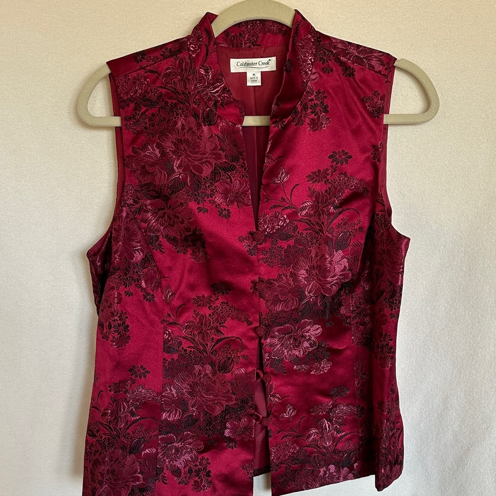 Coldwater Creek Women's Deep Red Floral Satin Mandarin Vest